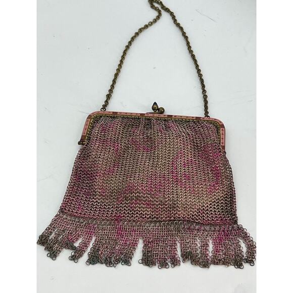 Antique Ornate German Enamel Mesh Coin Purse Bag Pink Repousse Frame Lining good - Picture 13 of 16